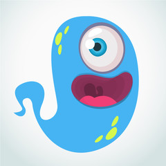 Silly cartoon alien with one eye. Vector blue ghost illustration
