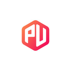 Initial letter pu, rounded hexagon logo, gradient red orange colors	
 
