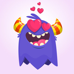 Cartoon blue cool monster in love. St Valentines vector illustration of  loving monster waving