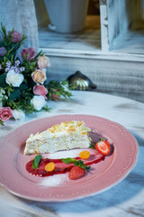 Tiramisu dessert on wooden table. Top view with copy space jpg