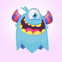Cute cartoon monster  with horns with one eye. Smiling monster emotion with big mouth. Halloween vector illustration