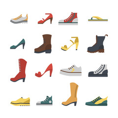 Set of flat-style shoes colored isolated. Men and women sneakers, shoes and boots