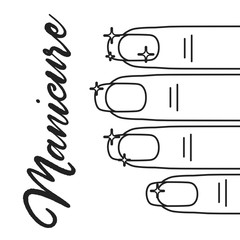 Flat line vector illustration of shiny nail art. Female hands nail polish on background.