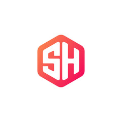 Initial letter sh, rounded hexagon logo, gradient red orange colors	
 
