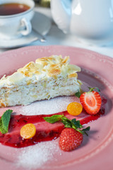 Tiramisu dessert on wooden table. Top view with copy space jpg