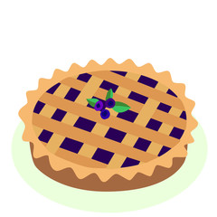 Comic style hot, freshly baked blueberry, fruit pie, cartoon vector illustration, isolated on white background.
