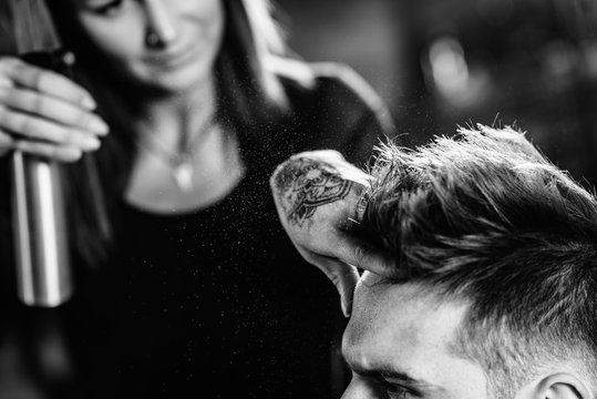 Hair Styling Man In Hairsalon By Female Hairdresser