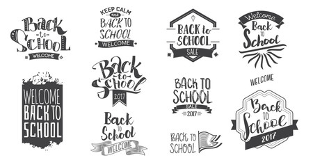 Welcome back to school label collection. School 2017 tags set. Back to school logos. Vector illustration. Hand drawn lettering badges. Typography emblems. Retro styled