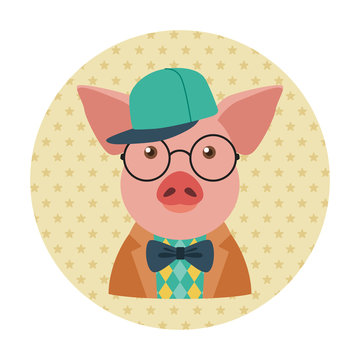 Hipster pig with cap, glasses and bow tie