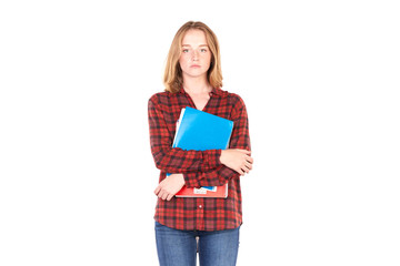 Naklejka premium Portrait of beautiful female college student with notebooks against white background
