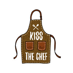 apron or kitchen utensils, cooking stuff for menu decoration. baking logo emblem or label, engraved hand drawn in old sketch or and vintage style. Kiss the chef.