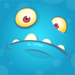 Funny smiling cartoon monster face avatar. Halloween monster character. Prints design for t-shirts