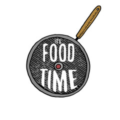 pan or kitchen utensils, cooking stuff for menu decoration. baking logo emblem or label, engraved hand drawn in old sketch or and vintage style. It s food time.