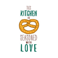 Brezel or german bagel, cooking stuff for menu decoration. baking logo emblem or label, engraved hand drawn in old sketch or and vintage style. This kitchen is seasoned with love.