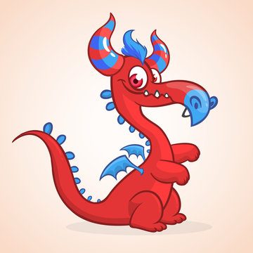 Cute small cartoon red dragon. Vector illustration of dragon character mascot
