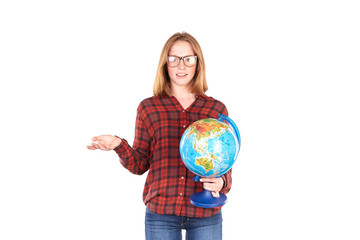 Studio portrait of female college student posing with globe isolated on white