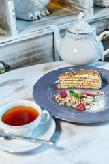 Tiramisu dessert on wooden table. Top view with copy space jpg