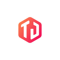 Initial letter tj, rounded hexagon logo, gradient red orange colors	
 
