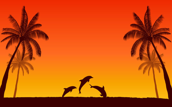 Silhouette jumping dolphin and palm tree in flat icon design with sunset sky background