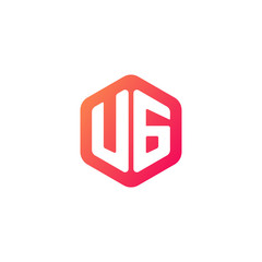 Initial letter ug, rounded hexagon logo, gradient red orange colors	
 
