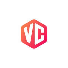Initial letter vc, rounded hexagon logo, gradient red orange colors	
 

