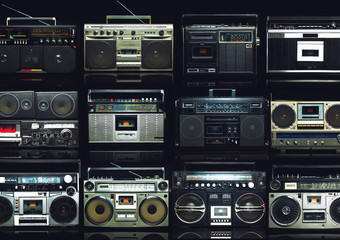 Vintage wall of radio boombox of the 80s