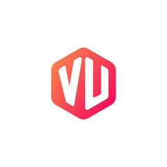 Initial letter vu, rounded hexagon logo, gradient red orange colors	
 
