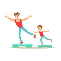 Smiling man and boy happily exercising aerobic steps, dad and son having good time together colorful characters