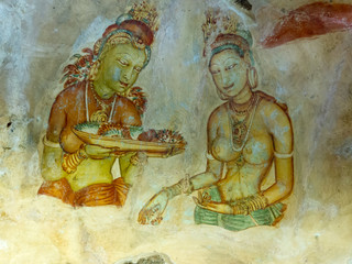 Frescoes of women at Sigiriya rock fortress Sri Lanka