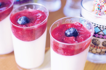Dessert ice cream with raspberry jam and blue berries of cranberries