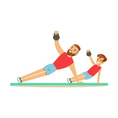 Smiling man and boy training with kettlebell, dad and son having good time together colorful characters