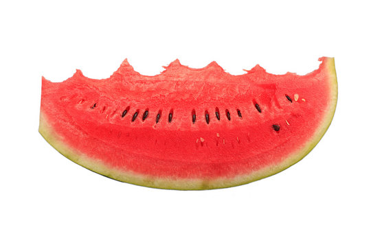 Sliced of watermelon with a bite taken out, isolated on white background.