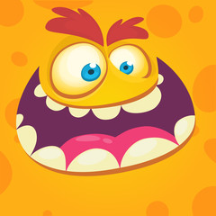 Cartoon monster face. Vector Halloween orange happy monster square avatar. Design for t-shirt, sticker, print or party invitation