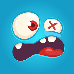 Cartoon angry monster face. Vector Halloween blue monster scared. Monster mask 