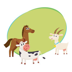 Farm horse, cow and goat, cartoon vector illustration with space for text. Cute and funny farm horse, goat, cow with friendly faces and big eyes