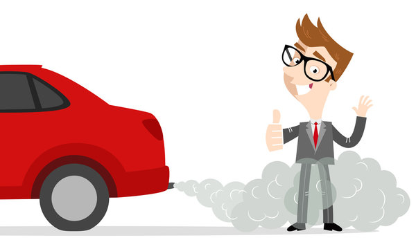 Vector illustration of smiling cartoon businessman giving thumbs up standing next to car in exhaust gases