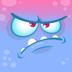 Cartoon angry monster face. Vector Halloween blue monster emotion avatar