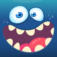 Cartoon funny monster face. Vector Halloween blue monster avatar with wide smile