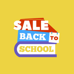 Sale Back to school emblem with book. Bright vector illustration.