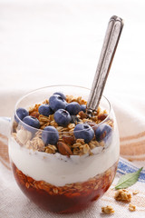 Oat flakes with blueberries. Healthy breakfast. Fresh oatmeal with organic berry fruits in a bowl, with yoghurt, almonds and jam.