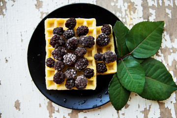 Belgian waffles with blackberries on a wooden background with green leaves.