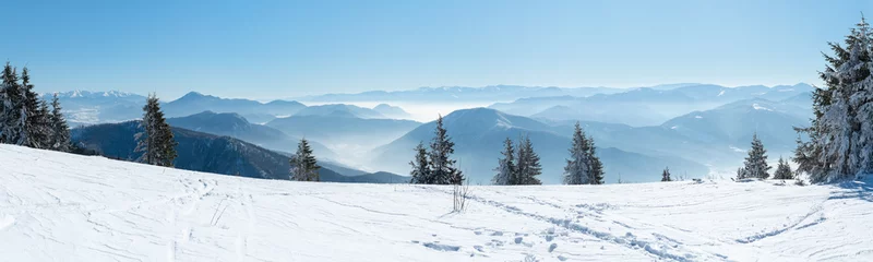 Foto op Canvas Panoramic view snowcapped mountains, Beautiful winter, Alpine mountains in winter, Winter landscape wallpaper, Beautiful winter landscape, European mountain panorama © marvlc