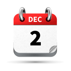 Bright realistic icon of calendar with 2 december date isolated on white