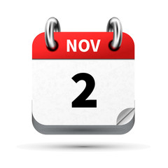 Bright realistic icon of calendar with 2 november date isolated on white