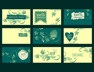 Fototapeta premium Set of vector environmental business cards. Natural products, healthy food, 100% natural
