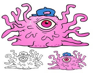 disgusting pink fleshy slime monster with gelatinous tentacles and a baseball cap.