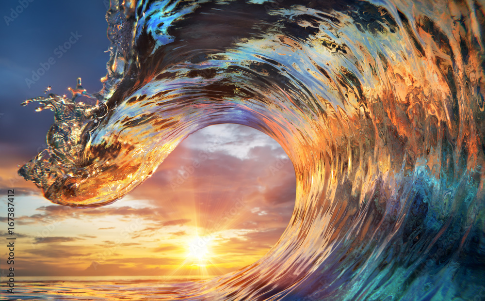 Wall mural colorful ocean wave. sea water in crest shape. sunset light and beautiful clouds on background