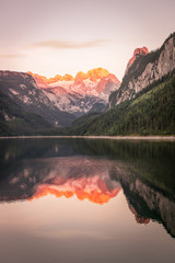 Fototapeta premium Gosau lake with Dachstein glacier in Summer at sunset, Upper Austria