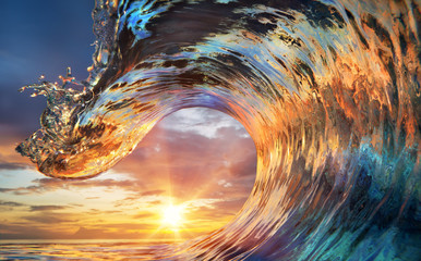 Colorful Ocean Wave. Sea water in crest shape. Sunset light and beautiful clouds on background - obrazy, fototapety, plakaty