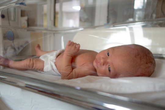 Newborn baby lies on a drip in a hospital